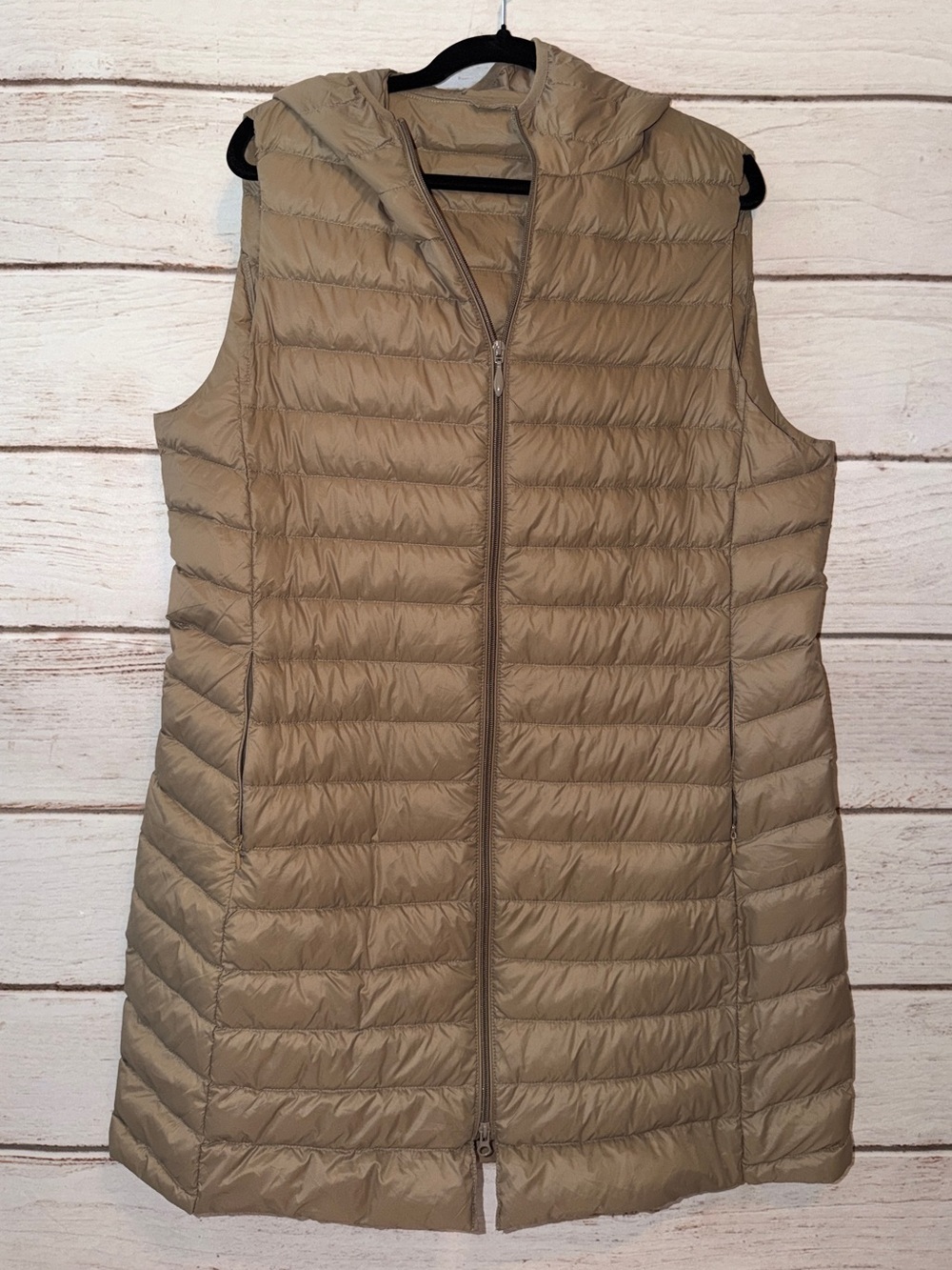 ELFJOY Lightweight White Duck Down Hooded Puffer Vest Tan XL Warm| Cozy